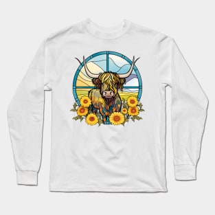 Sunflower Stained Glass Highland Cow #6 Long Sleeve T-Shirt